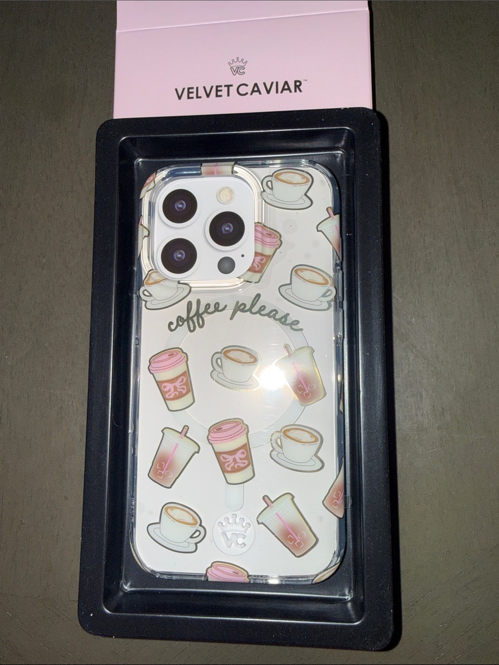 Velvet Caviar Clear iPhone Case with Pink Coffee Cup Pattern